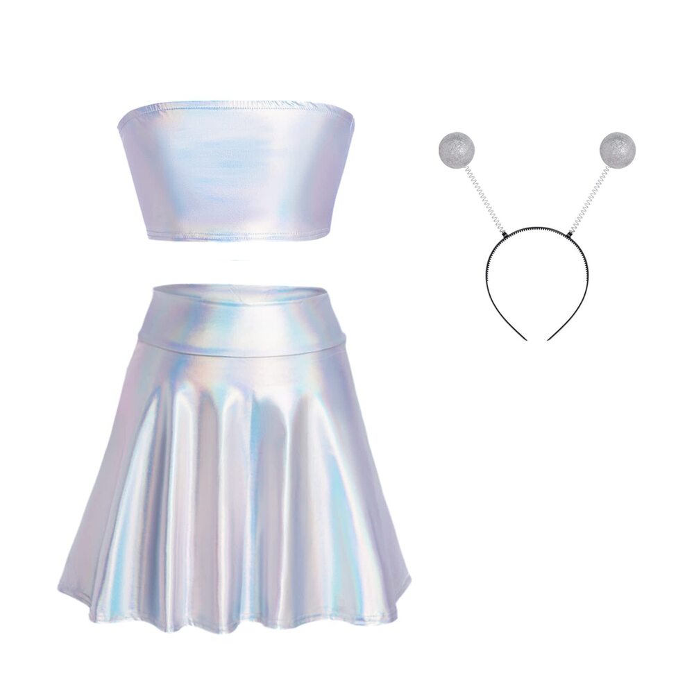 8338 Alien Costume Metallic Mini Skirt Dress Alien Outfits Headband